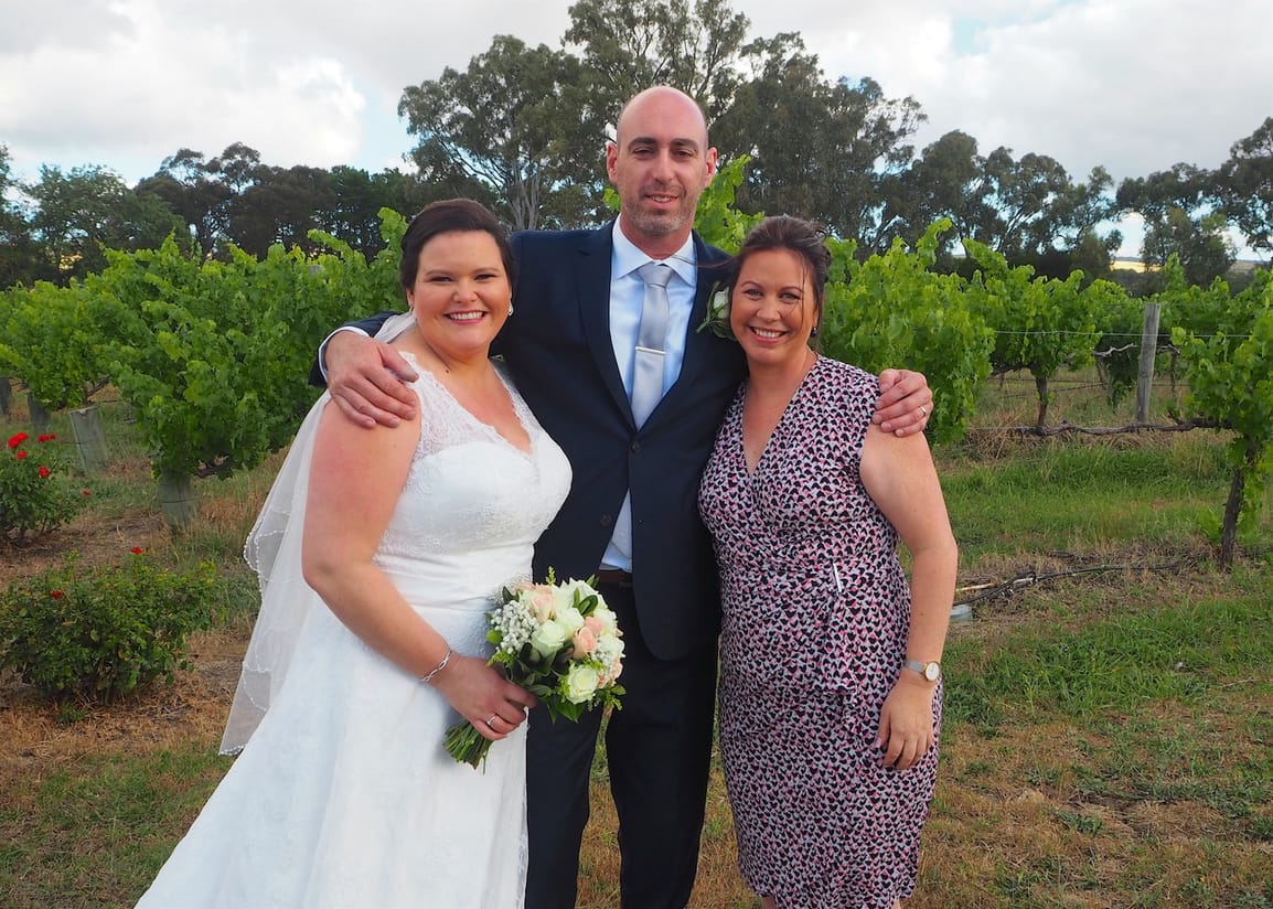 Katie and Jason Dawes on their wedding day at Middlebrook Estate Winery, McLaren Vale