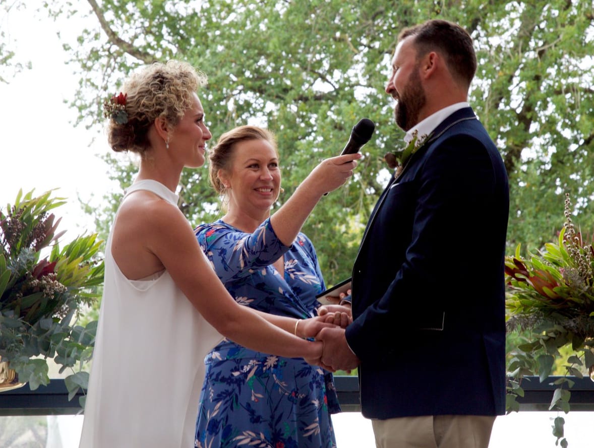 Sarah Reid and Nathan Peal on their wedding day at Cobbs Hill Estate, Oakbank