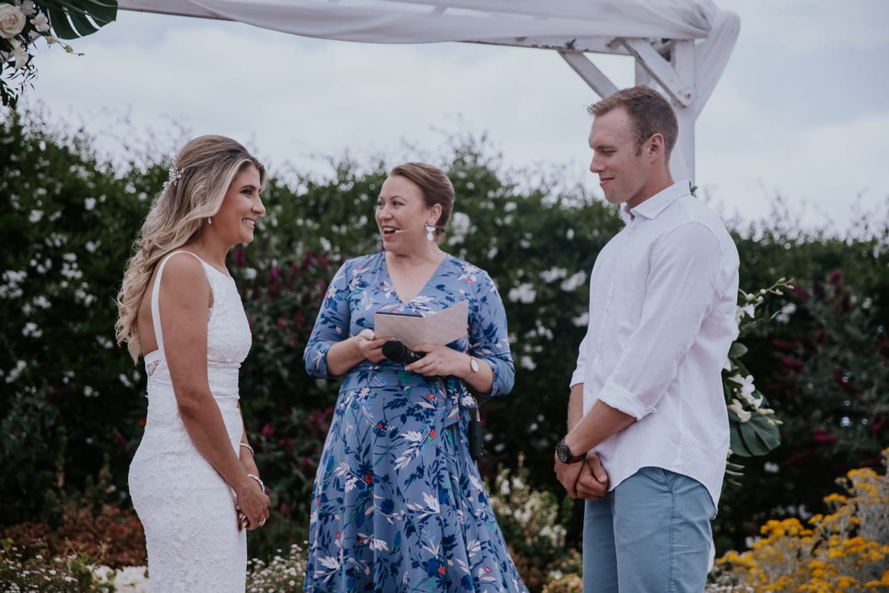 Juliana and Kai on their wedding day at Aldinga Bay Bungalows, Sellicks Beach