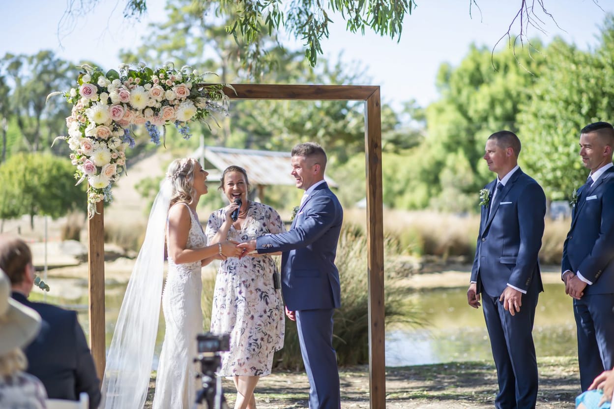 Jessica and Matt Markwick on their wedding day at Barristers Block Winery, Woodside